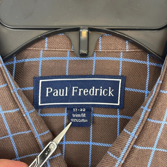 Paul Fredrick Men’s LS Oxford Dress Shirt Brown Blue Check Size 17-32 Trim Fit - Picture 4 of 8